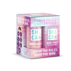 two bottles of she can break the rules drink wine in a pink and white box