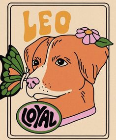 a dog with a butterfly in its mouth and the words leo on it's side