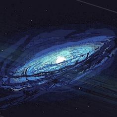 an artist's rendering of a spiral galaxy with stars in the background and blue hues