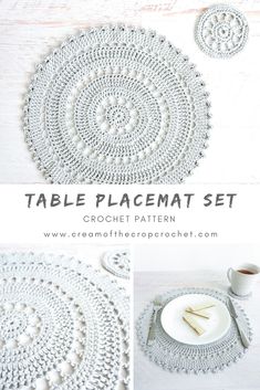 the crochet placemat set is shown in three different pictures