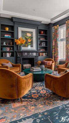 a living room filled with furniture and a fire place in the middle of a room