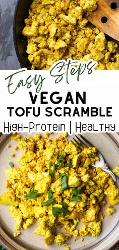 Easy Steps Vegan Tofu Scramble - High-Protein and Healthy. Tofu scramble with golden color in a skillet and a portion served on a plate with green onions on top Tofu Scramble Recipe, Vegan Tofu Scramble, Veggie Society, Tofu Scramble Vegan, Scrambled Tofu Recipe, Kala Namak, Tofu Recipes Vegan, Vegan Tofu, Bell Pepper Recipes