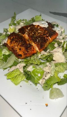 a white plate topped with lettuce and salmon