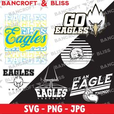 the eagles logo is shown in three different colors and font styles, including black, white,