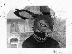 a black and white drawing of a rabbit with chains on it's neck, wearing a chain around its neck