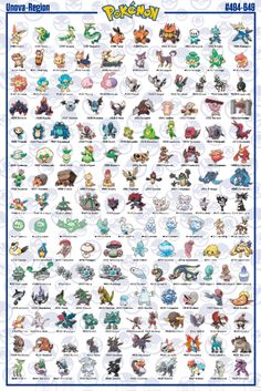 the pokemon poster is shown in blue and white, with many different characters on it