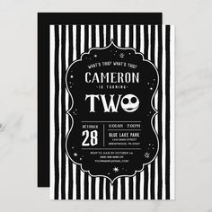 a black and white striped birthday party card with the words, two are on it