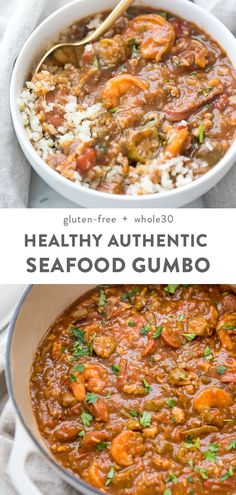 two bowls filled with food and the words healthy authentic seafood gumbo