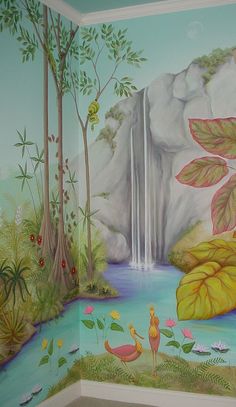 a painting on the wall of a room with flowers and birds in it, next to a waterfall