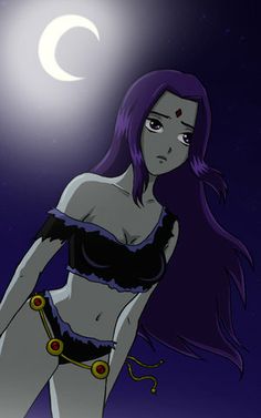 a woman with purple hair standing in front of the moon