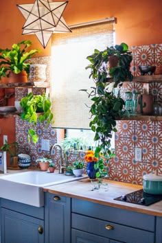 the kitchen is decorated with colorful tiles and potted plants on the counter top,