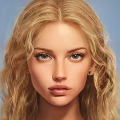 a digital painting of a woman's face with blue eyes and blonde hair,