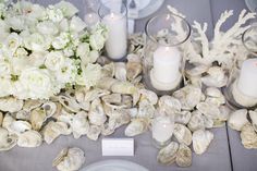 the table is set with white flowers and seashells for an elegant centerpiece