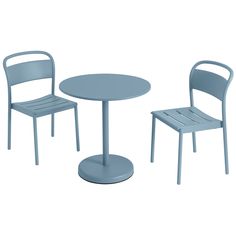 two plastic chairs and a table with one chair on the other side, all in blue