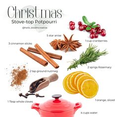 christmas stove top potpouri recipe with spices, cinnamons, orange slices and cranberries