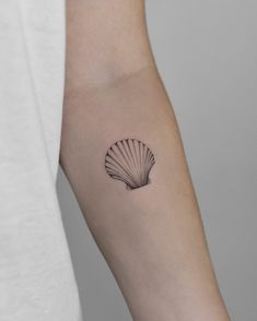 a woman's arm with a small shell tattoo on it