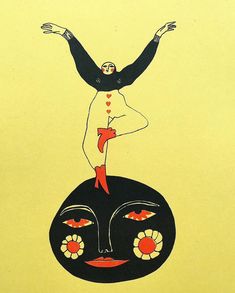 a drawing of a woman on top of a ball with her arms stretched out in the air