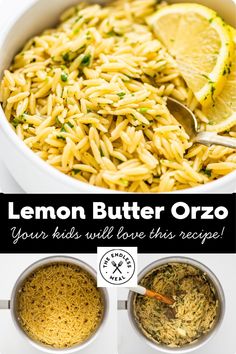 lemon butter orzo recipe in two bowls with spoons and lemon slices on the side