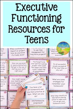 a hand holding some papers with the words executive functioning resources for teens