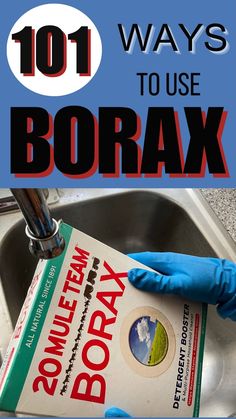 a person in blue gloves is holding a book with the title 101 ways to use borax