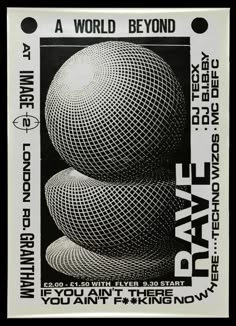 a black and white poster with an image of three balls in the middle of it