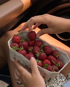 a person sitting in the back seat of a car holding a box of strawberries