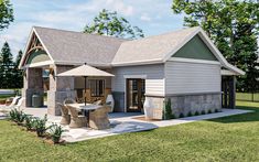 a rendering of a small house with an outdoor dining area and covered patio in the front yard