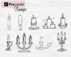 a set of different candles on a wooden background with the words procreate stamps