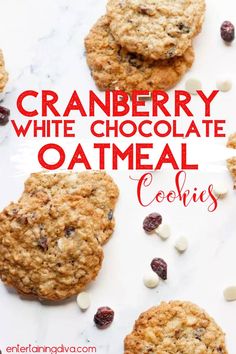 Chewy Cranberry and White Chocolate Oatmeal Cookies Chocolate Chip Oatmeal Cookies Recipes, White Chocolate Chip Oatmeal Cookies, Oatmeal Cookies Recipes, Cranberry White Chocolate Chip Cookies, Chocolate Chip Oatmeal Cookies