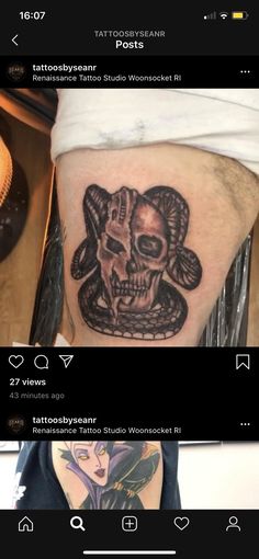 an image of a skull and snake tattoo on someone's leg, with the caption