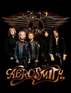 the band aerosmith posing for a photo in front of an eagle on black background