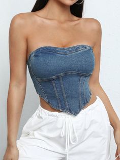 Medium Wash Sexy Collar Sleeveless Denim Plain Top Embellished High Stretch  Women Clothing Denim Tube Top Outfit, Denim Tube Top, Tube Top Outfits, Denim Top Women, Plain Tops, Basic Tops, Casual Attire, Denim Top, Denim Women