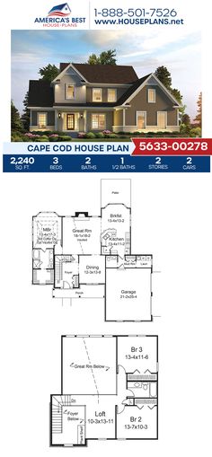 the floor plan for this house is shown in blue and white, with two levels to each