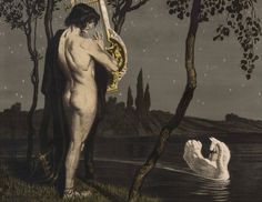 an illustration of a naked man holding a harp next to a swan in the water