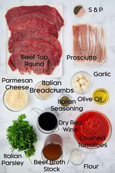 the ingredients for an italian meat recipe laid out on a table