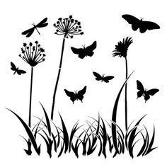 black and white silhouettes of flowers with butterflies flying over them in the air above grass