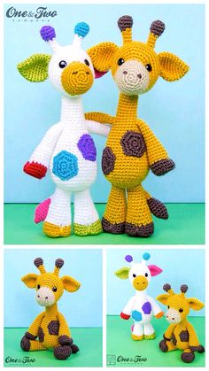 crocheted stuffed giraffes are shown in four different poses and sizes