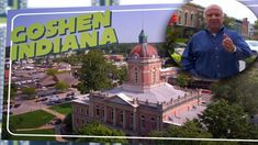 a man standing in front of a building with the words goshen indiana on it