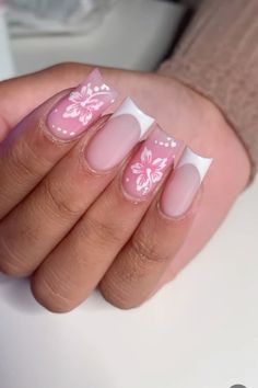 nails pink summer flowers hibiscus french tip white baby pink vacation holiday French Tip With Purple Flower, White French Tip Nails With Hibiscus, Nail Art Designs With Flowers, Nails Inspo Pink And White, Summer Acrylic Nails Hibiscus, Pink Nails With White Flower Design, Summer French Tips With Flowers, White Tip Nails With Design Summer, White French Tips With Pink Design