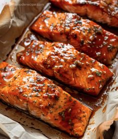 four salmon fillets are lined up on a sheet of wax paper, ready to be cooked