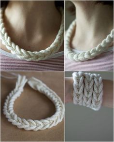 four pictures showing how to crochet a necklace with two different ropes on it