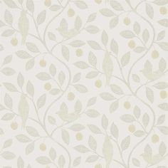 a white and gold wallpaper with leaves on it