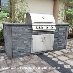 an outdoor bbq grill with two doors on the side and one door open to let in light