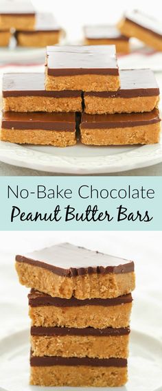 no - bake chocolate peanut butter bars are stacked on top of each other and ready to be eaten