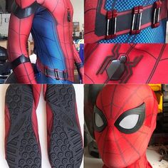 spider - man cosplay is shown in four different pictures, including shoes and headgear