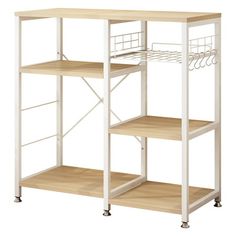 a wooden shelf with two baskets on top and three shelves below it that are both white and wood