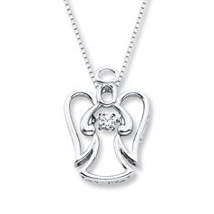 From the Unstoppable Love collection, the angel in this adorable necklace holds a diamond that catches light from every angle as it moves. Crafted in sterling silver, the necklace for her has a total diamond weight of 1/6 carat. The pendant sways from an 18-inch box chain that secures with a lobster clasp. Symbol Jewelry, Silver Pendant Lighting, Angel Charm, Jewelry Advice, Bone Jewelry, Angel Necklace, Symbolic Jewelry, Necklace For Her, Kay Jewelers