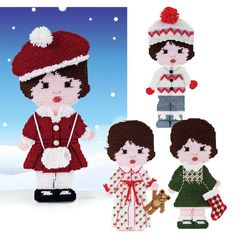 three knitted dolls are standing in the snow, one is holding a teddy bear