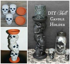 several different items are shown in this collage with the words diy skull candle holder