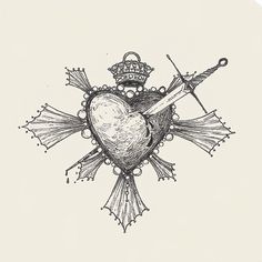 a drawing of a heart with two crossed swords and a crown in the shape of a cross